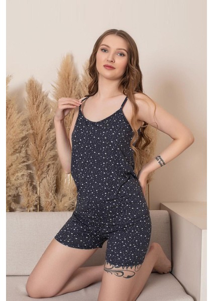 Kadın Yıldız Desen Ip Askılı Şortlu Takım | Lacivert K601-363 fiyatları