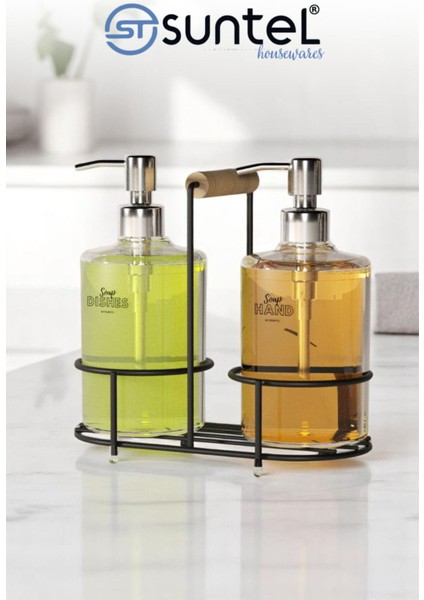 2’li Metal Standlı Plastik Sıvı Sabun Şişesi Sabunluk 500 ml Siyah