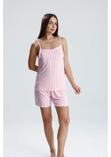 Kadın Dikey Çizgili Ip Askılı Mini Şort Takım | Pembe