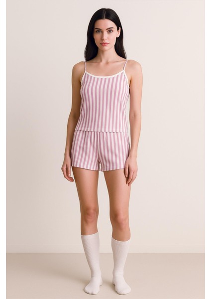 Kadın Dikey Çizgili Ip Askılı Mini Şort Takım | Pembe modelleri