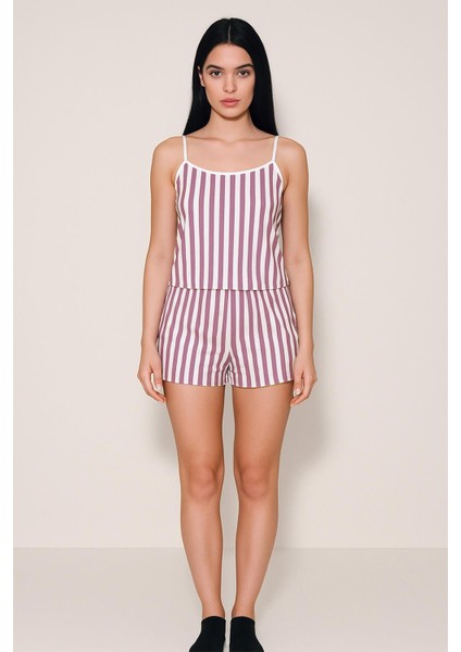 Kadın Dikey Çizgili Ip Askılı Mini Şort Takım | Mor