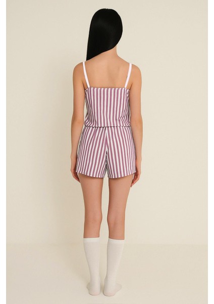 Kadın Dikey Çizgili Ip Askılı Mini Şort Takım | Mor modelleri