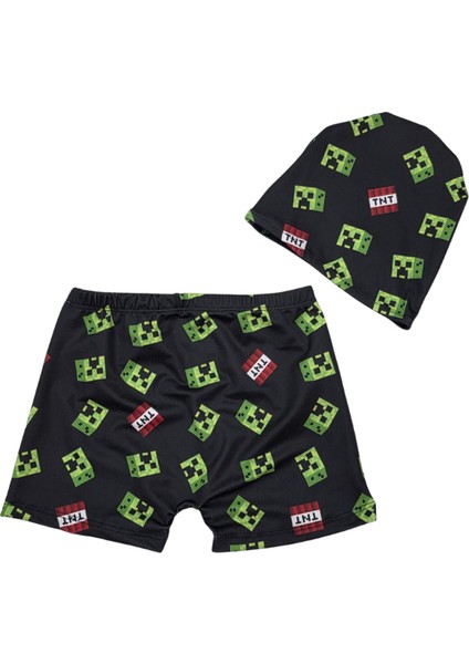 Creeper Desen Erkek Çocuk Şort ve Bone Mayo - Siyah