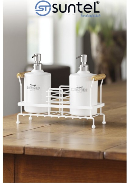 2’li Metal Standlı Plastik Sıvı Sabun Şişesi Sabunluk 500 ml Beyaz