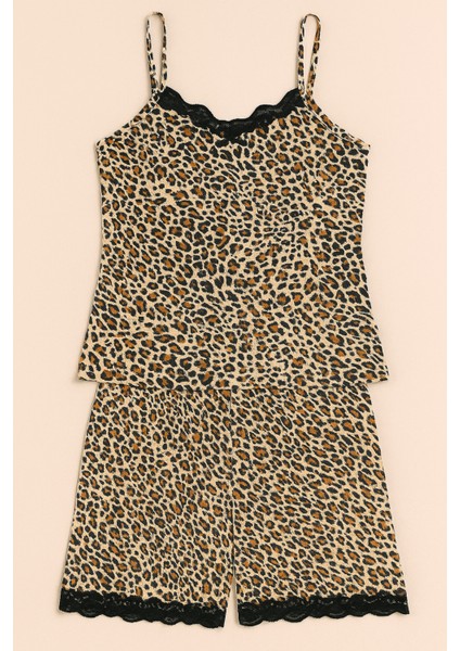 Kadın Dantel Detay Leopar Desen Şortlu Takım | P600-973 modelleri