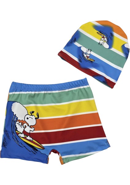Sörf Desen Erkek Çocuk Şort ve Bone Mayo Takımı - Mavi