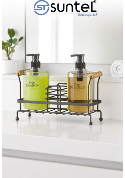 2’li Metal Standlı Plastik Sıvı Sabun Şişesi Sabunluk 500 ml Siyah