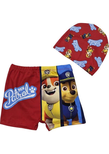 Paw Petrol Desen Erkek Çocuk Şort ve Bone Mayo Takımı - Kırmızı