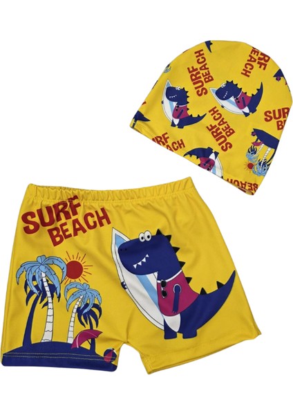 Shark Desen Erkek Çocuk Şort ve Bone Mayo Takımı - Sarı