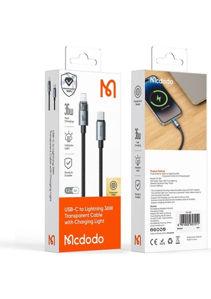 CA-6940 Type-C To Lightning 36W 1.2m Şeffaf Kablo Şarj Işıklı fırsatları