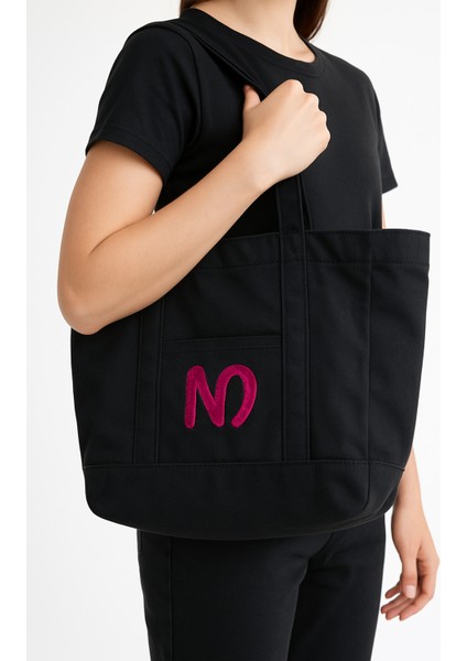 N Logolu Beyaz Bez Çanta - Plaj Çantası, Kalın Kumaş, Turuncu Astarlı, Omuz Askılı