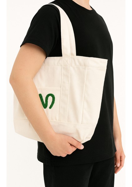 N Logolu Beyaz Bez Çanta - Plaj Çantası, Kalın Kumaş, Turuncu Astarlı, Omuz Askılı