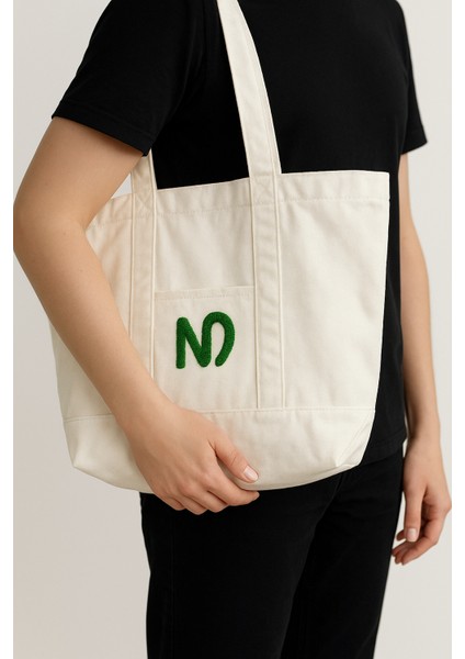 N Logolu Beyaz Bez Çanta - Plaj Çantası, Kalın Kumaş, Turuncu Astarlı, Omuz Askılı fiyatları