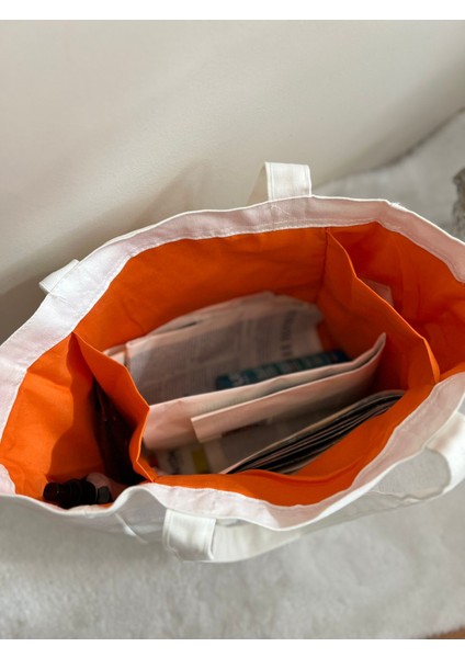 N Logolu Beyaz Bez Çanta - Plaj Çantası, Kalın Kumaş, Turuncu Astarlı, Omuz Askılı fırsatları