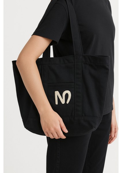 N Logolu Beyaz Bez Çanta - Plaj Çantası, Kalın Kumaş, Turuncu Astarlı, Omuz Askılı