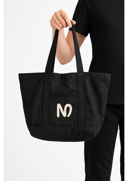 N Logolu Beyaz Bez Çanta - Plaj Çantası, Kalın Kumaş, Turuncu Astarlı, Omuz Askılı fiyatları