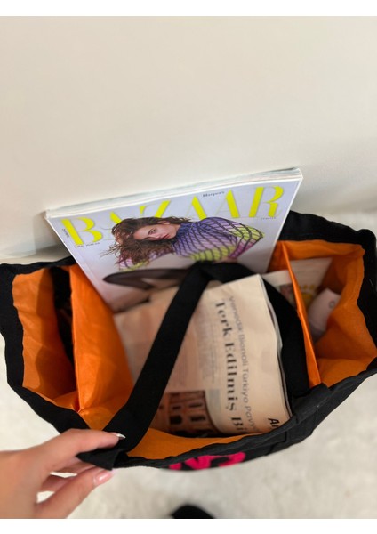 N Logolu Beyaz Bez Çanta - Plaj Çantası, Kalın Kumaş, Turuncu Astarlı, Omuz Askılı fırsatları