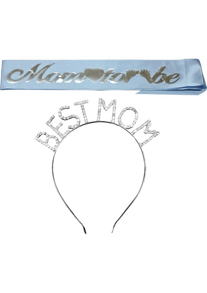 Mom To Be Kuşak ve Best Mom Metal Taç & Baby Shower Set ve Mavi Gümüş Kuşak Gümüş Taç