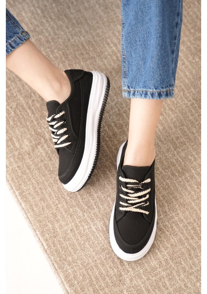 D094 Kadın Sneaker Yüksek Taban Bağcıklı Bez Spor Ayakkabı