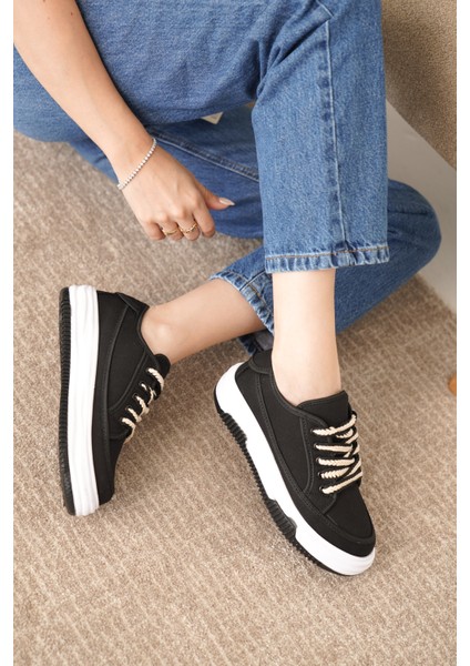 D094 Kadın Sneaker Yüksek Taban Bağcıklı Bez Spor Ayakkabı fiyatları