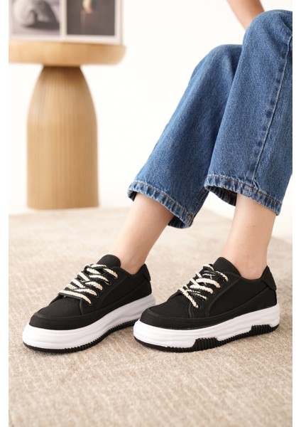 D094 Kadın Sneaker Yüksek Taban Bağcıklı Bez Spor Ayakkabı fırsatları