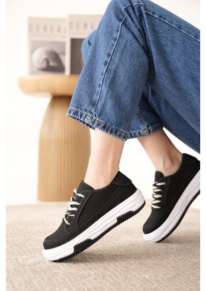 D094 Kadın Sneaker Yüksek Taban Bağcıklı Bez Spor Ayakkabı indirimleri