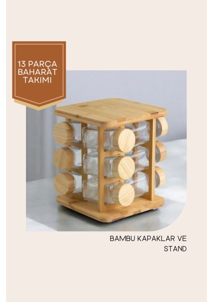 13 Parça Bambu Kapaklı ve Döner Standlı Kare Borosilikat Cam Baharatlık Seti