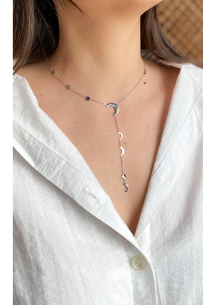 Yıldız ve Hilal Figürlü Gümüş Çelik Y Kolye