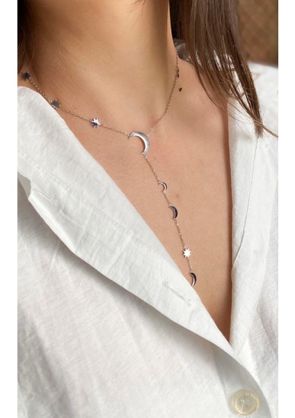 Yıldız ve Hilal Figürlü Gümüş Çelik Y Kolye modelleri