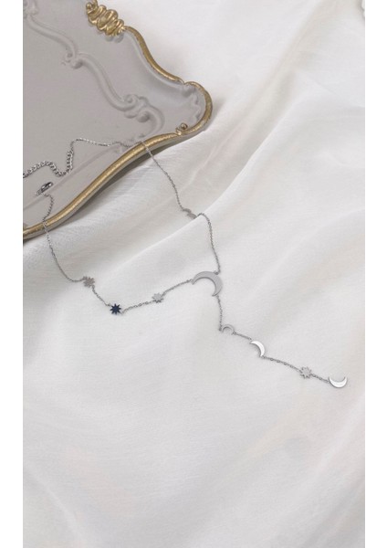 Yıldız ve Hilal Figürlü Gümüş Çelik Y Kolye fırsatları