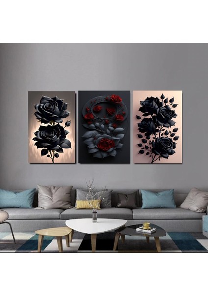 3 Lü Siyah Gül Kanvas Tablo Set Ev Duvar Salon Ofis Dükkan Hediyelik Dekarasyon Süsü