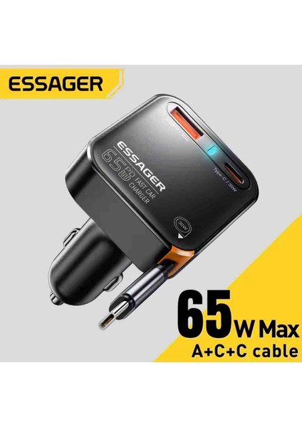 65W 3'ü 1'Arada Geri Çekilebilir Kablolu Type-C+Usb Araç Şarj Cihazı Hızlı CE+Rohs Lisanslı Orjinal Sağlam