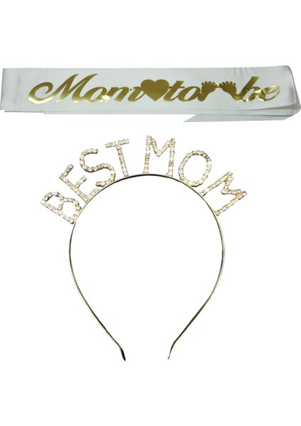 Mom To Be Kuşak ve Best Mom Metal Taç & Baby Shower Set & Beyaz Altın Kuşak Altın Taç