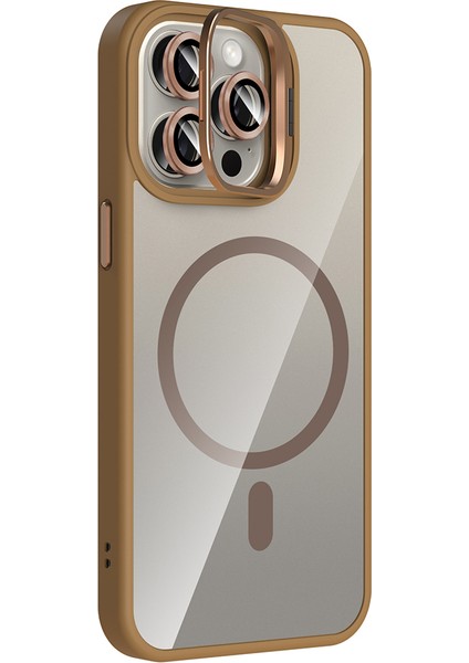 iPhone 15 Pro Max Uyumlu Kılıf Standlı M-Safe Özellikli Etro Kapak + Lens Koruma Çöl Titanyum