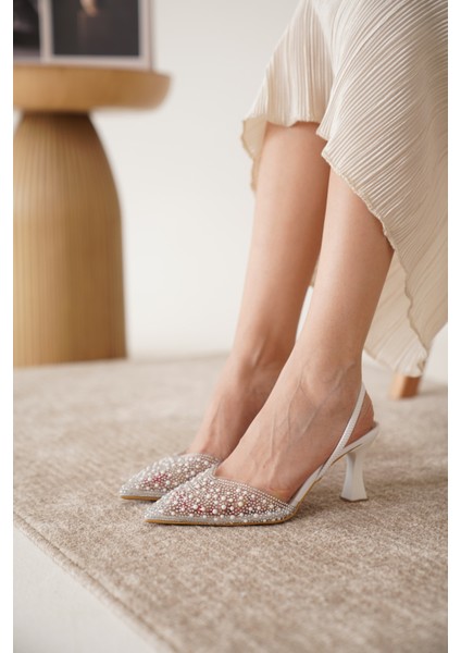 Incili Kadın Stiletto Taşlı Sivri Burun Arkası Açık Abiye Topuklu Ayakkabı modelleri