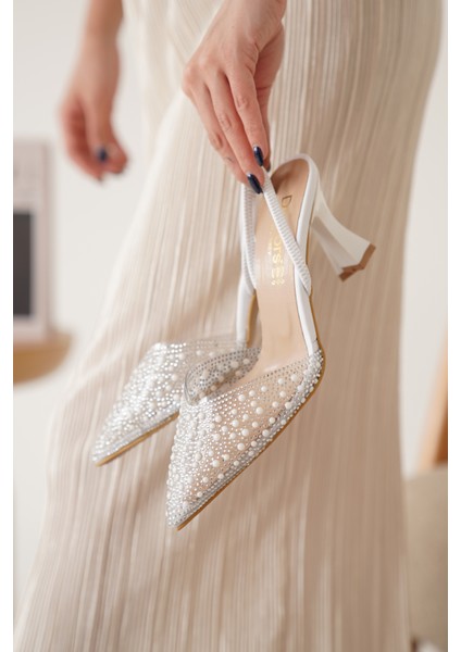 Incili Kadın Stiletto Taşlı Sivri Burun Arkası Açık Abiye Topuklu Ayakkabı indirimleri