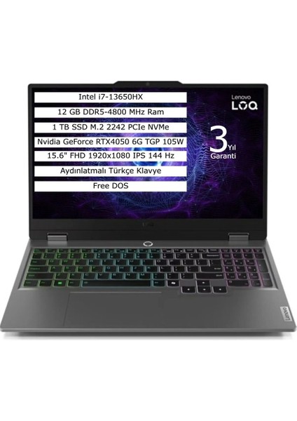 Loq 15IRX9 Intel Core I7 13650HX 24GB 2tb SSD 6gb RTX4050 Freedos 15.6" Fhd Taşınabilir Bilgisayar 83DV0118TR