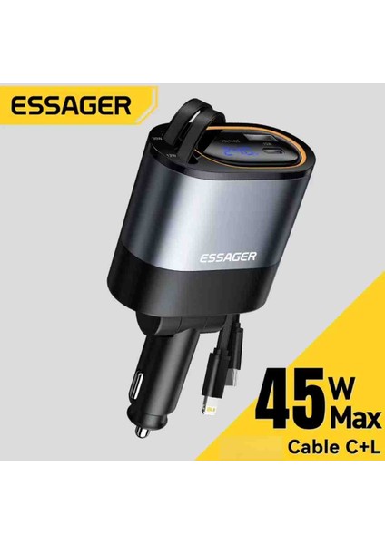 45W 4'ü 1'Arada Geri Çekilebilir Kablolu Type-C+İphone Lightning+Usb Araç Şarj Cihazı Hızlı CE+Rohs Lisanslı Orjinal Sağlam
