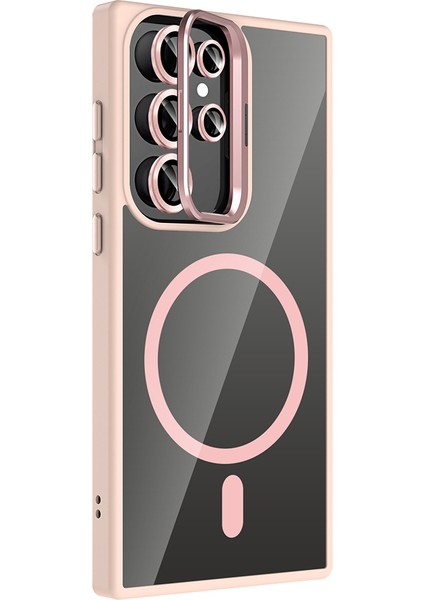 Samsung Galaxy S24 Ultra Uyumlu Kılıf Standlı M-Safe Özellikli Etro Kapak + Lens Koruma Pembe