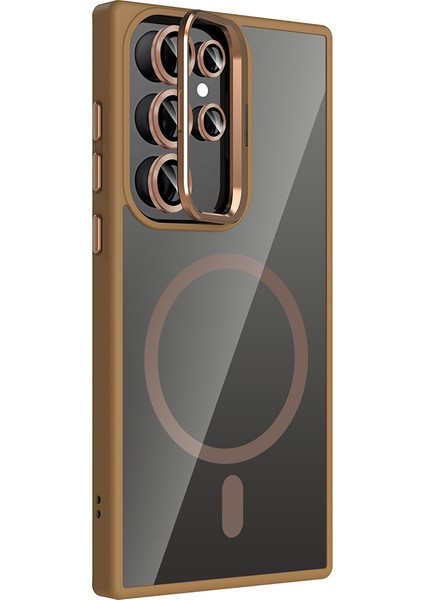 Samsung Galaxy S24 Ultra Uyumlu Kılıf Standlı M-Safe Özellikli Etro Kapak + Lens Koruma Çöl Titanyum