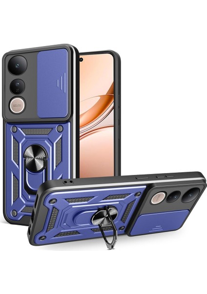 Vivo V50 Lite Uyumlu Kılıf Pars Sürgülü Kamera Korumalı Yüzüklü Sert Silikon Lacivert