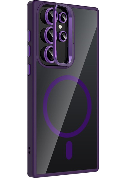 Samsung Galaxy S22 Ultra 5g Uyumlu Kılıf Standlı M-Safe Özellikli Etro Kapak + Lens Koruma Derin Mor