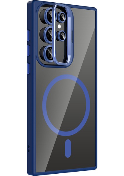 Samsung Galaxy S24 Ultra Uyumlu Kılıf Standlı M-Safe Özellikli Etro Kapak + Lens Koruma Lacivert