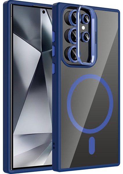 Samsung Galaxy S24 Ultra Uyumlu Kılıf Standlı M-Safe Özellikli Etro Kapak + Lens Koruma Lacivert modelleri