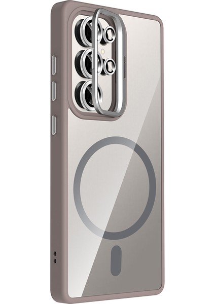Samsung Galaxy S25 Ultra Uyumlu Kılıf Standlı M-Safe Özellikli Etro Kapak + Lens Koruma Gri