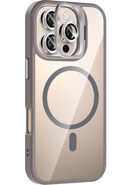 iPhone 16 Pro Max Uyumlu Kılıf Standlı M-Safe Özellikli Etro Kapak + Lens Koruma Gri