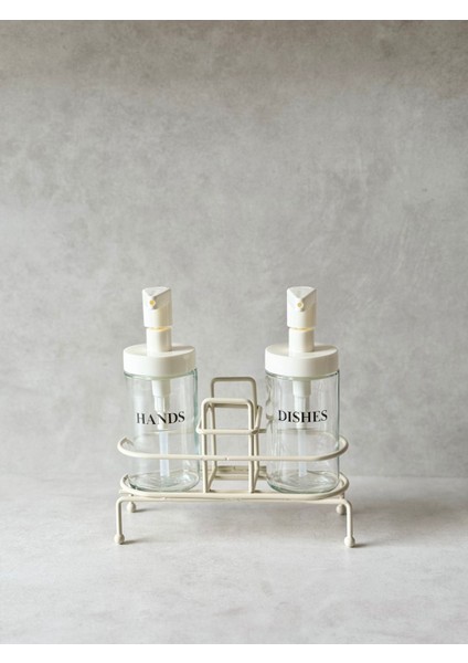 2'li Krem Standlı Cam Sabunluk Seti (300 Ml)