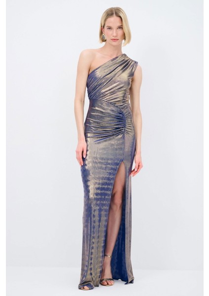 Mert Aslan Asimetrik Örme Uzun Elbise Saks