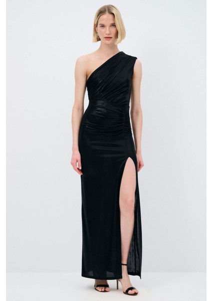 Mert Aslan Asimetrik Örme Uzun Elbise Siyah