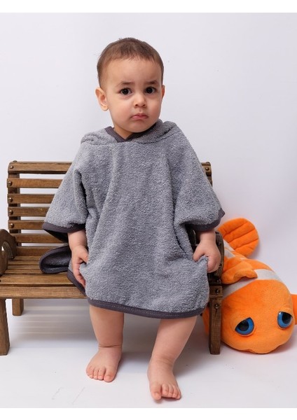 Organik Pamuk Kapşonlu Plaj Çocuk Bebek Panço Bornoz Banyo Havlu Kapüşonlu 0-2 yaş panço Boy 45cm En 50cm